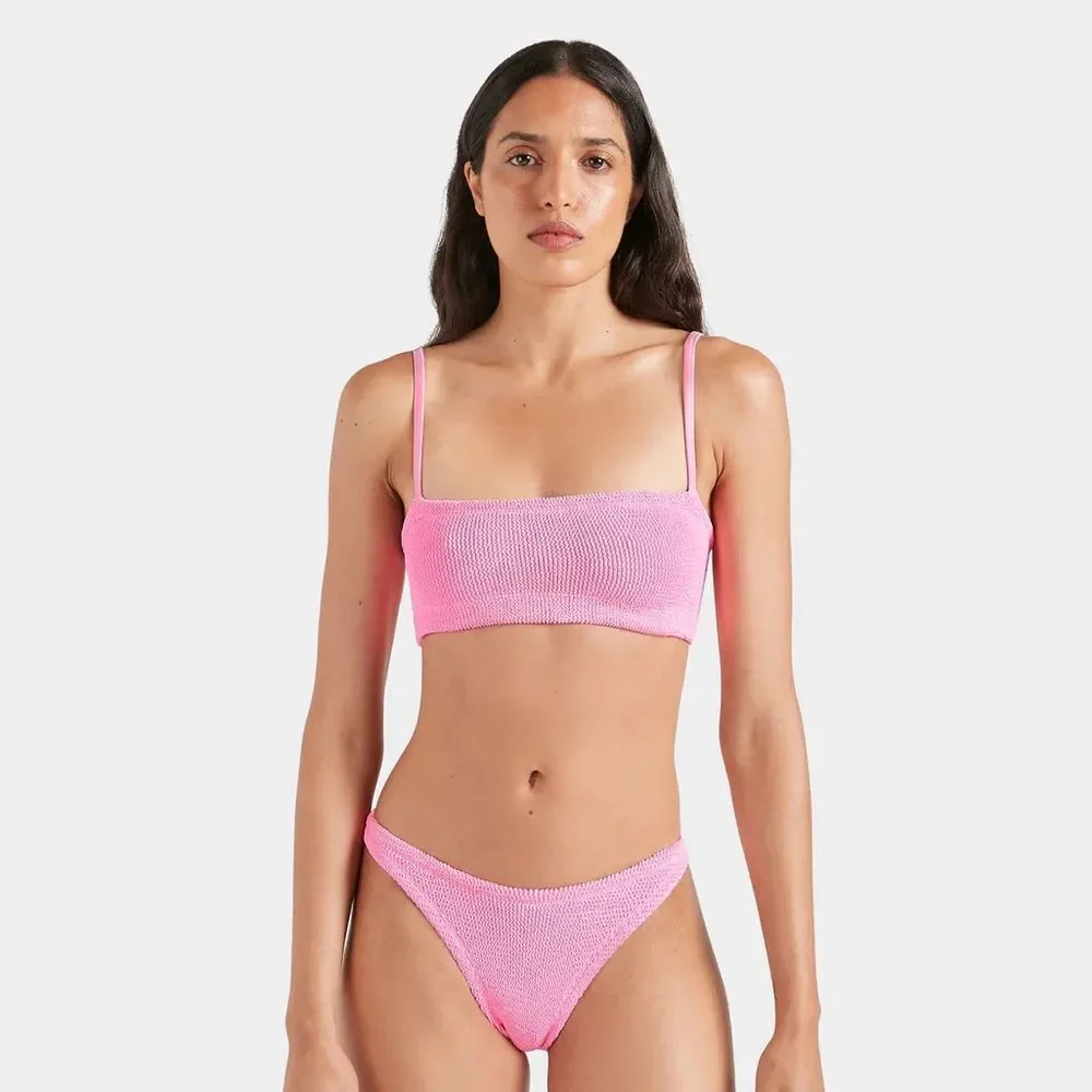HUNZA G BUBBLEGUM PINK CRINKLE STRETCH GIGI BIKINI SET ONE SIZE FITS ALL